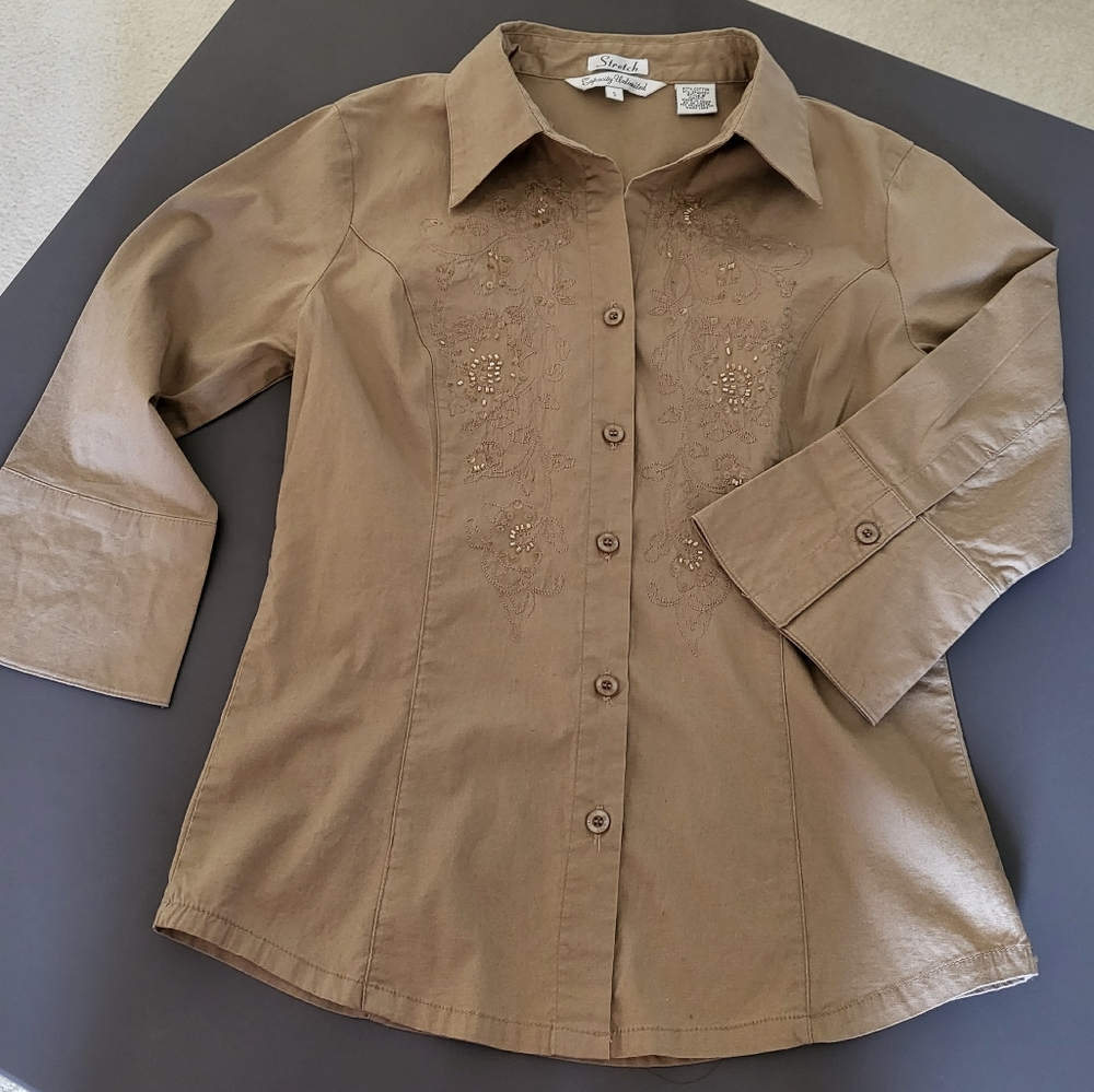St. John's Bay Brown Embroidered Button-Front Women's Shirt